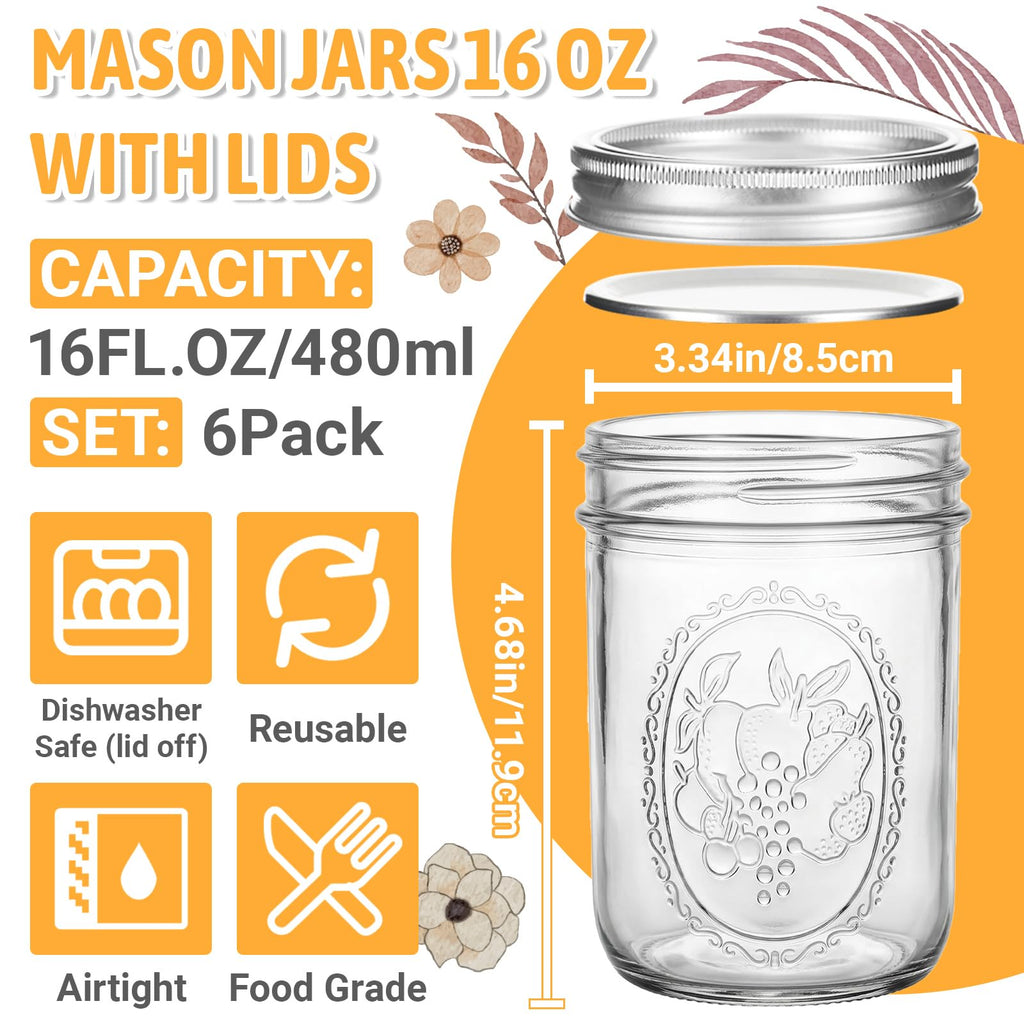 16 oz 6 Pack Wide Mouth Mason Jars with Airtight Lids P228836