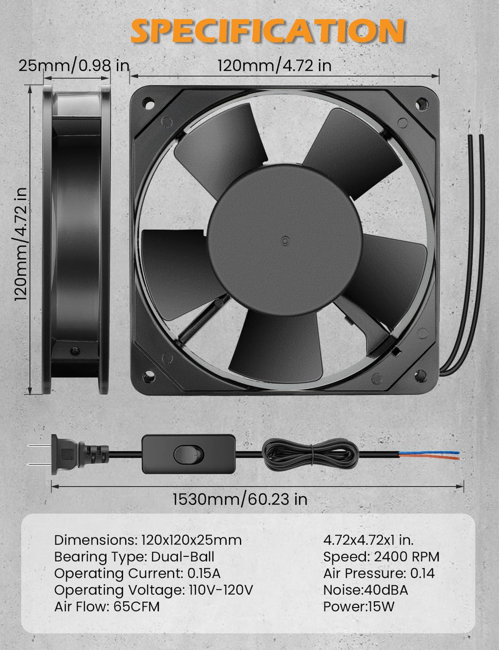 120mm x 25mm AC Ball Bearing Computer Fan R8190