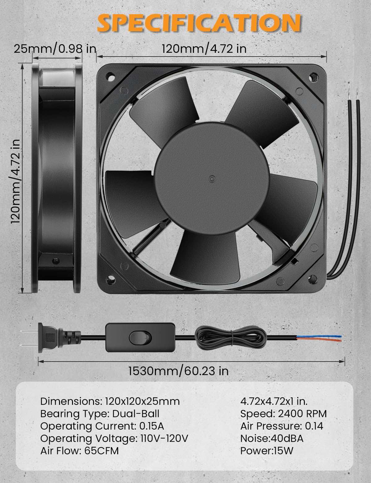 120mm x 25mm AC Ball Bearing Computer Fan R8190
