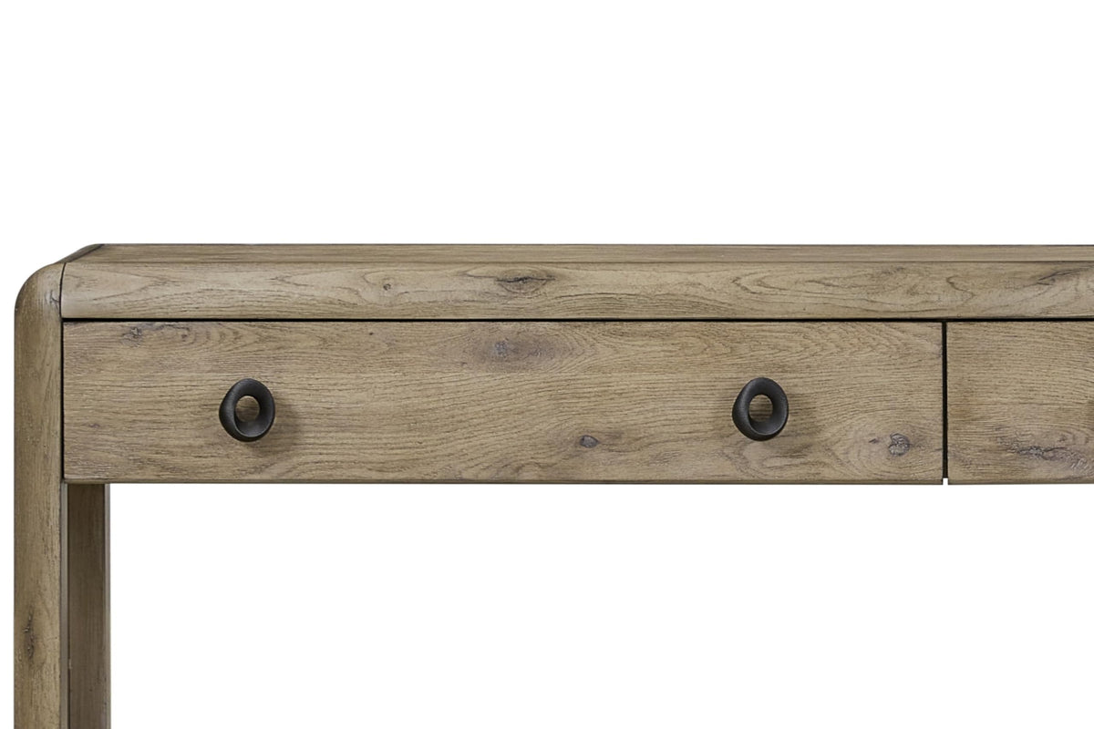 English Knotty Oak Console Table, Solid Wood and Engineered Wood Veneer, Two Self-Closing Drawers, Open Lower Shelf, Rounded Edges, 72 x 16 x 32.25 Inchs, Oak Finish W8433