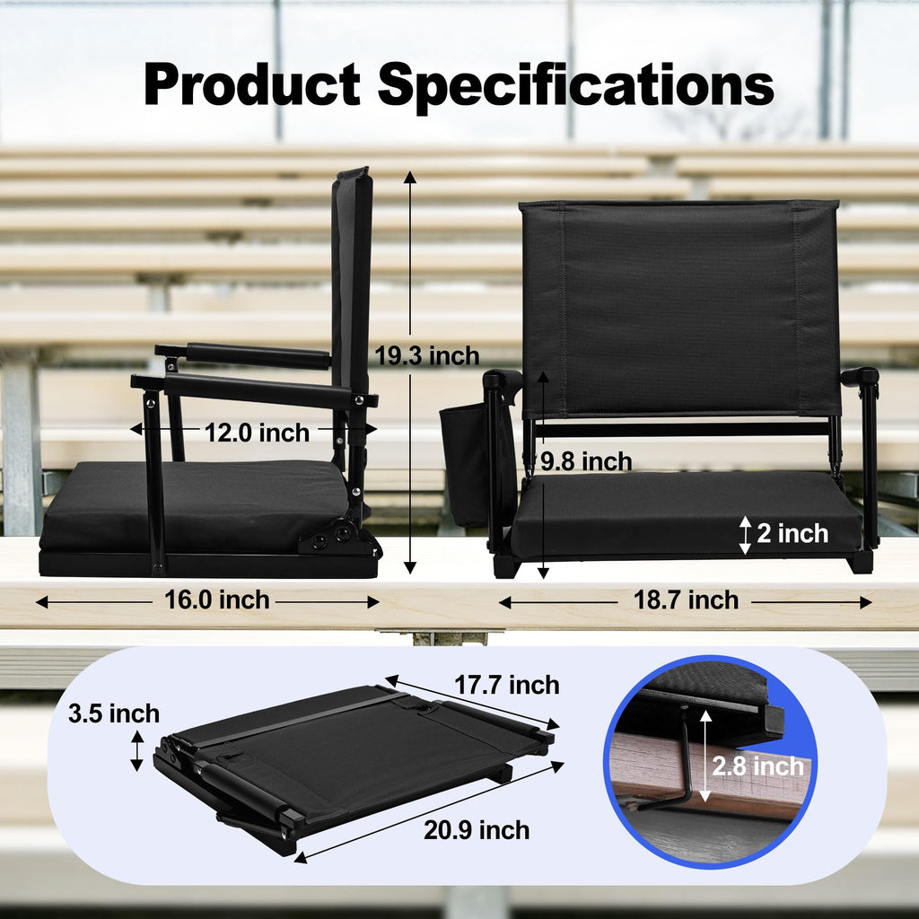 2 Packs Foldable Stadium Seats with Adjustable Backrest and Cup Holders Black T2583