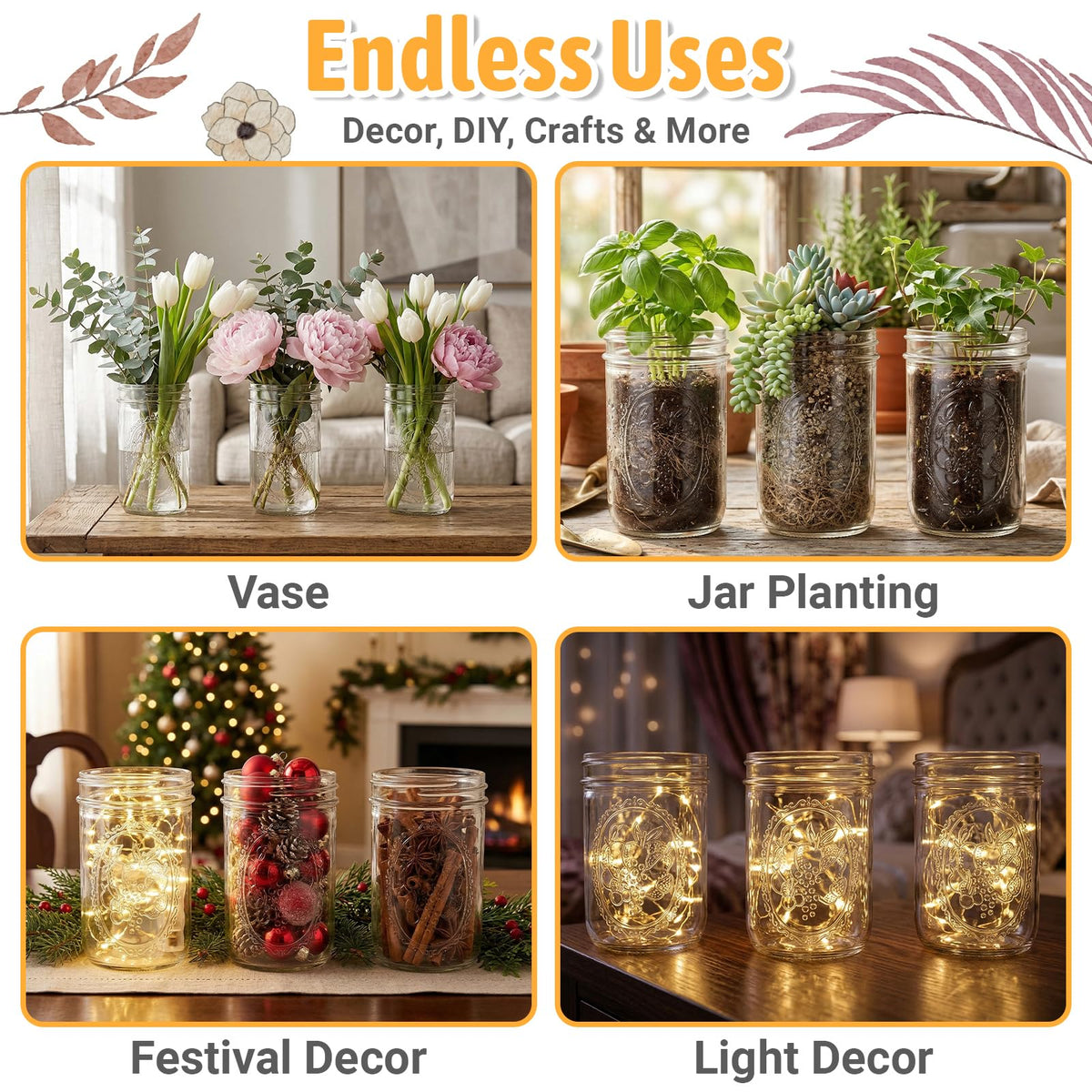 16 oz 6 Pack Wide Mouth Mason Jars with Airtight Lids P228836
