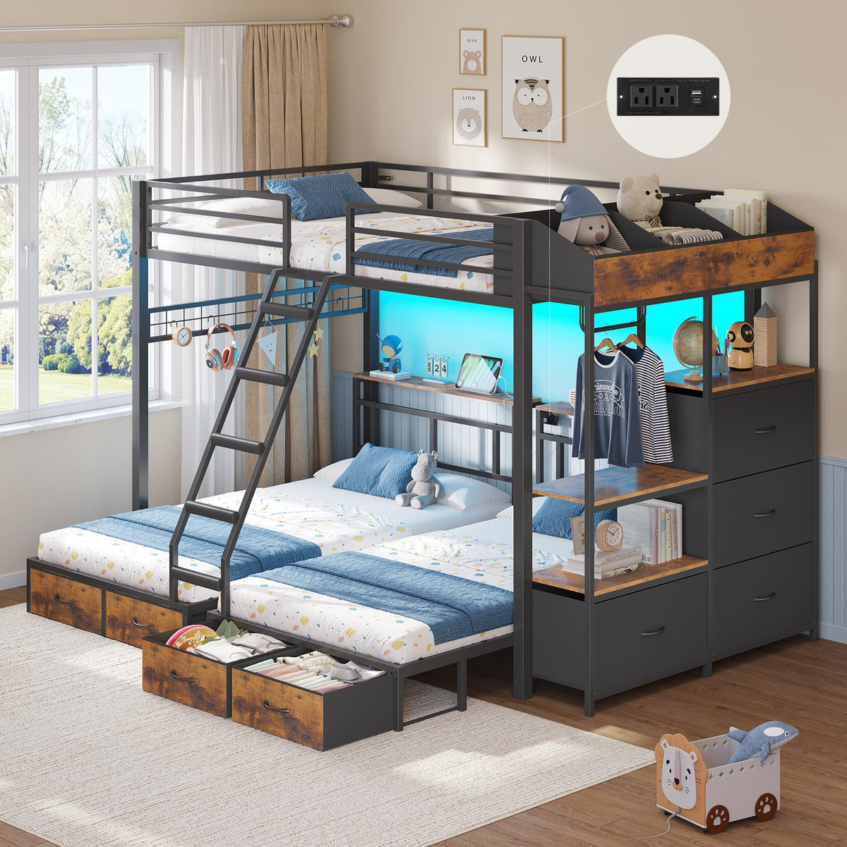 Black Triple Bunk Bed with 8 Storage Drawers and Stair J2939