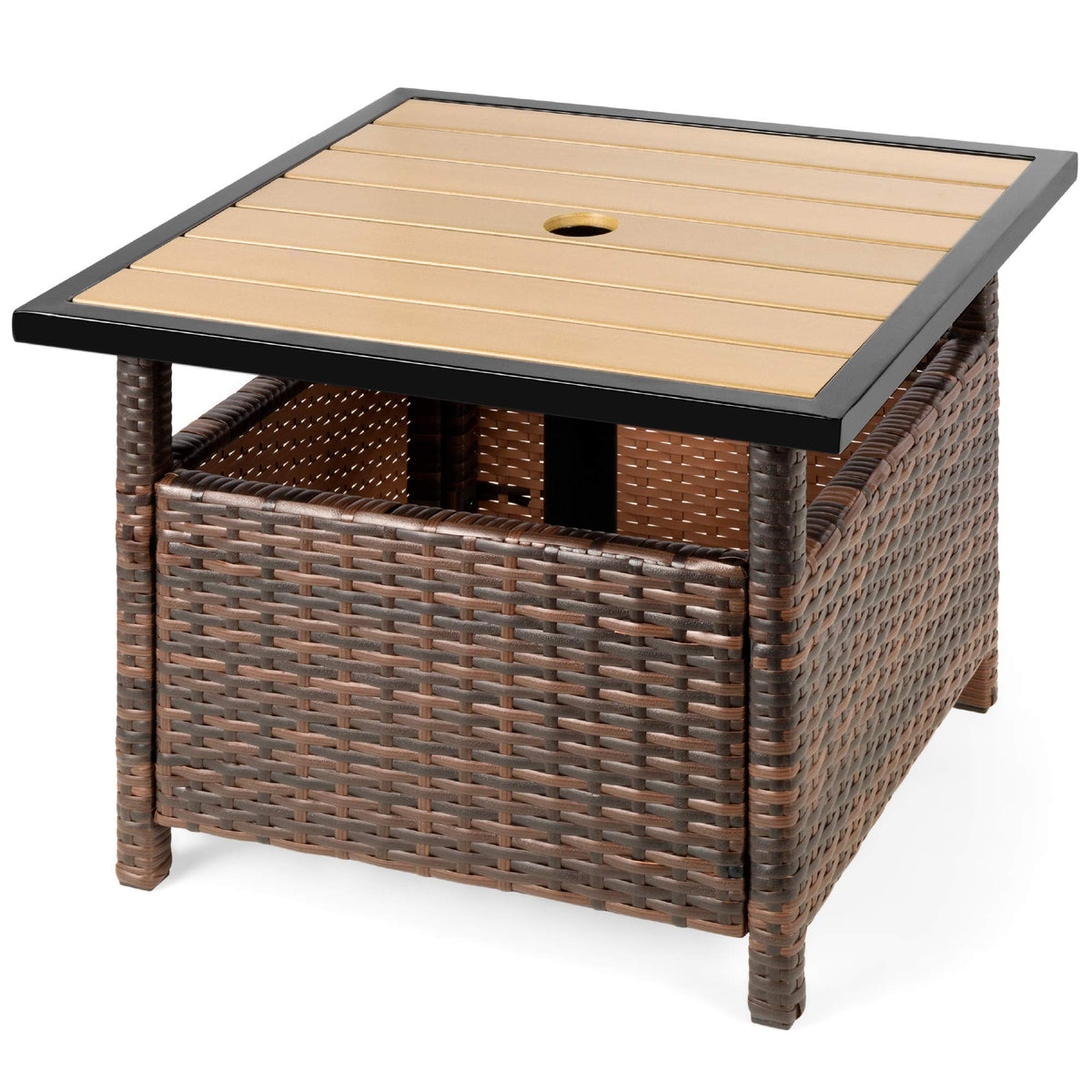 Brown Wicker Square Side Table with Umbrella Hole K914