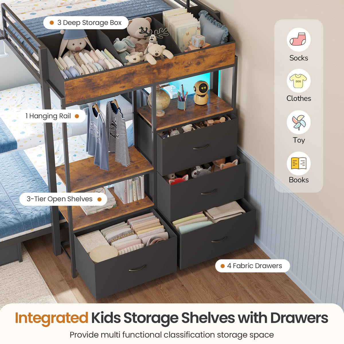 Black Triple Bunk Bed with 8 Storage Drawers and Stair J2939
