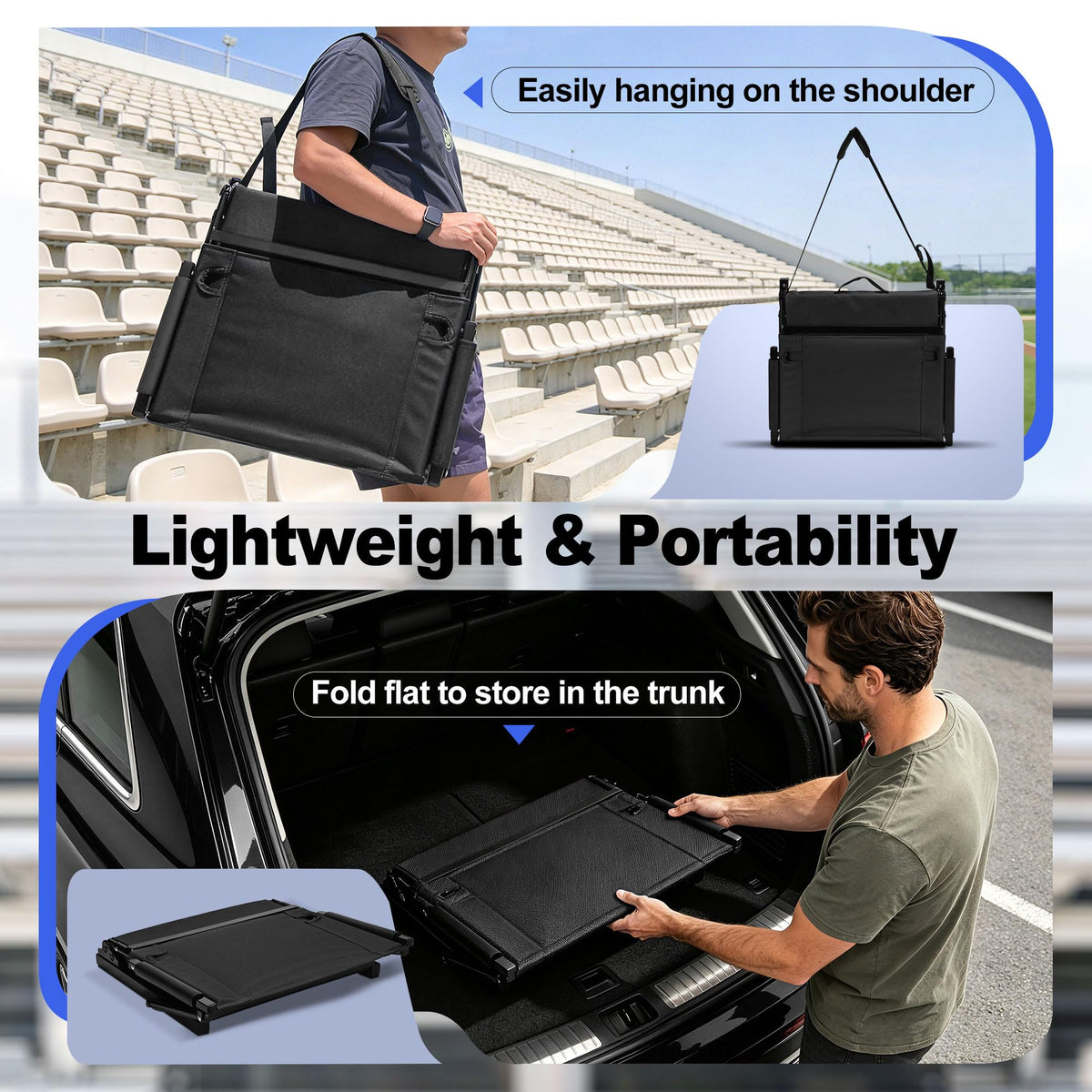2 Packs Foldable Stadium Seats with Adjustable Backrest and Cup Holders Black T2583