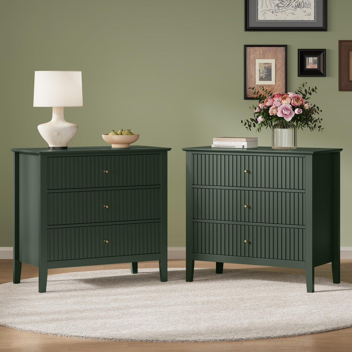 32" Dark Green 3 Drawer Nightstand Set of 2 N921