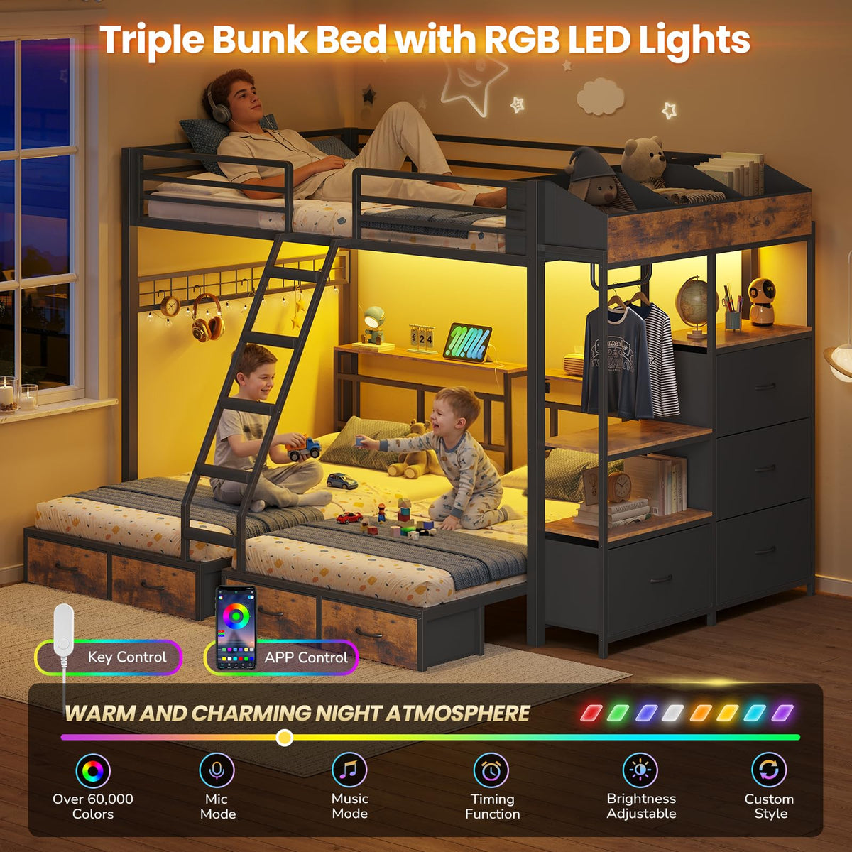 Black Triple Bunk Bed with 8 Storage Drawers and Stair J2939