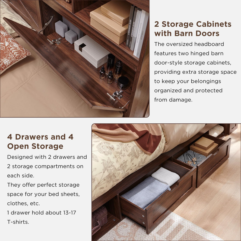 Queen Size Wood Bed Frame with Storage Headboard and 4 Drawers S790