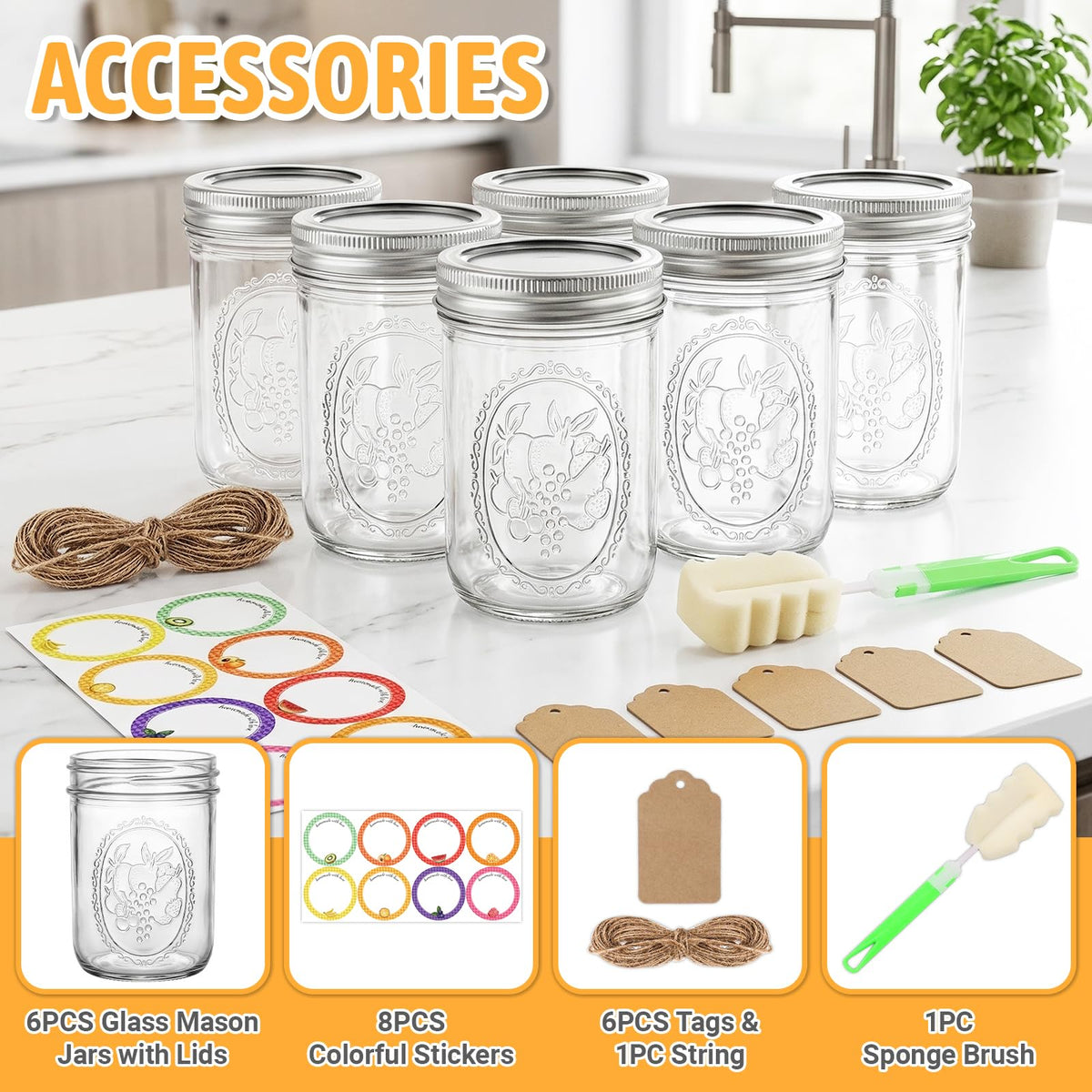 16 oz 6 Pack Wide Mouth Mason Jars with Airtight Lids P228836