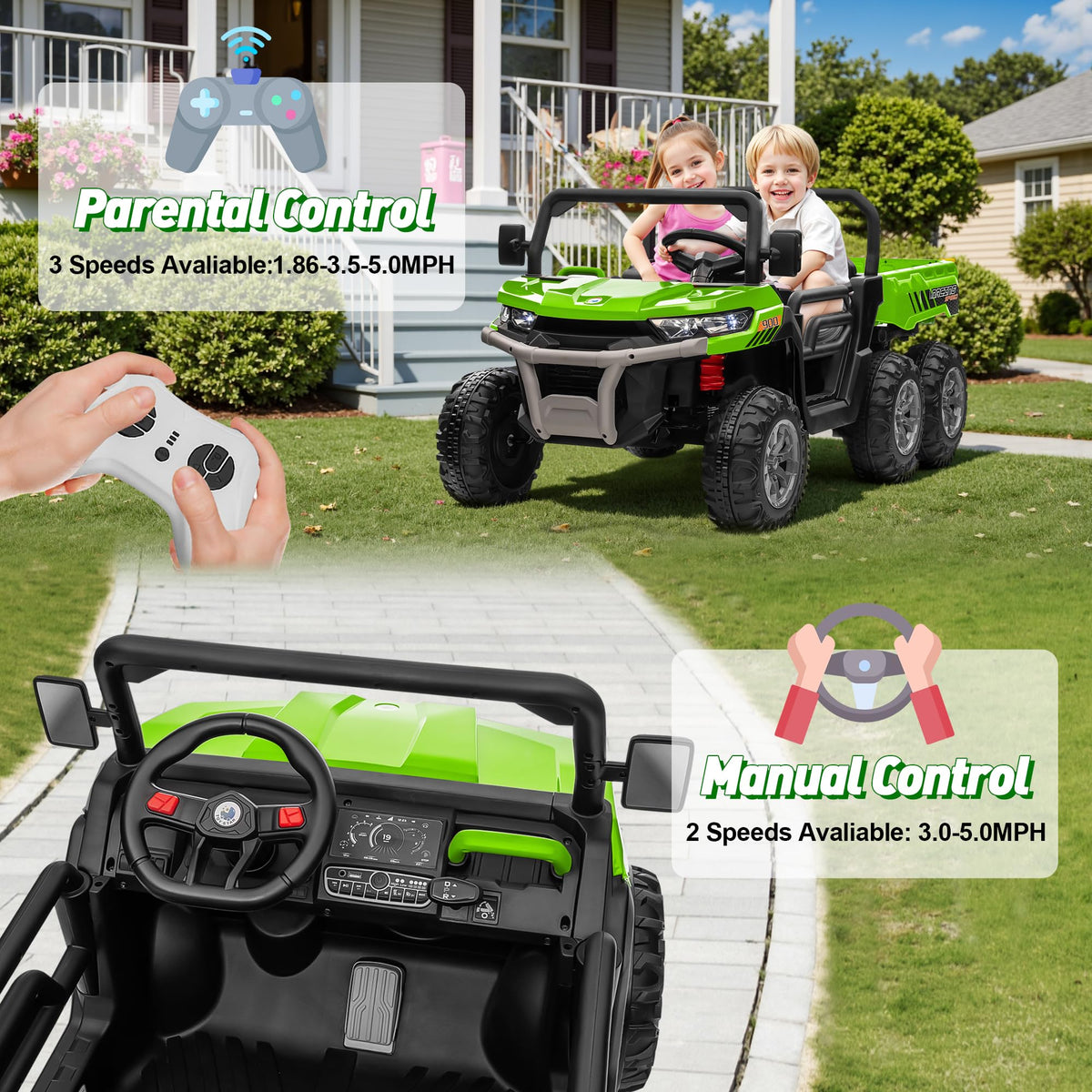 24V 2 Seater 4WD 6-Wheels Battery Powered Ride On Dump Truck V452