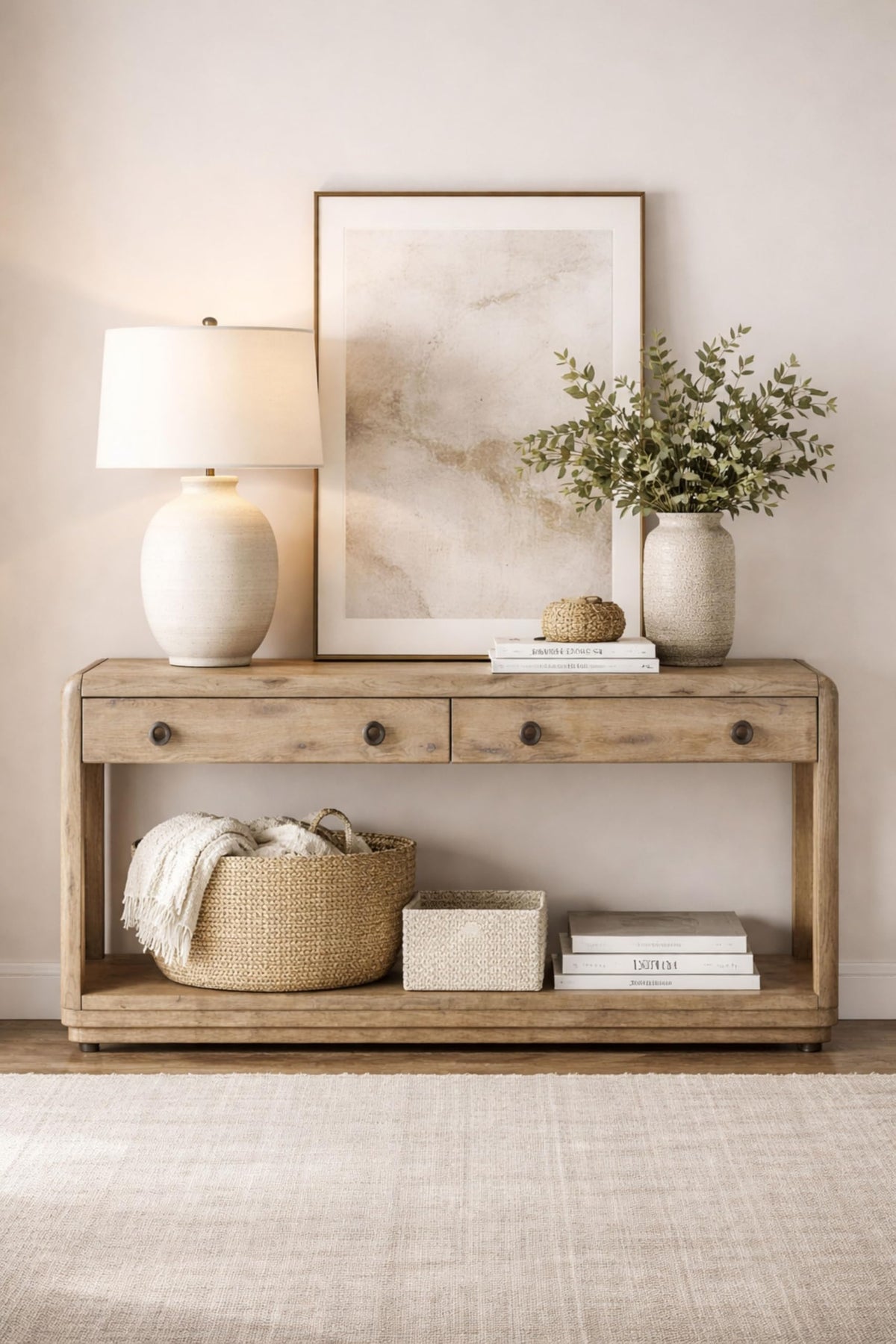 English Knotty Oak Console Table, Solid Wood and Engineered Wood Veneer, Two Self-Closing Drawers, Open Lower Shelf, Rounded Edges, 72 x 16 x 32.25 Inchs, Oak Finish W8433
