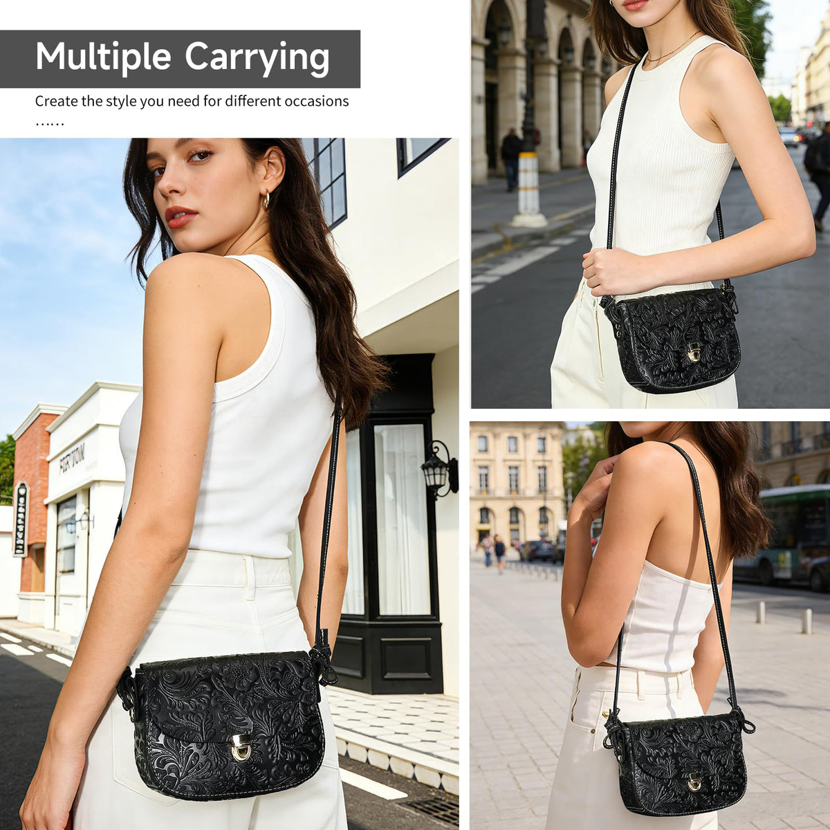 Genuine Leather Floral Embossed Crossbody Bag H294