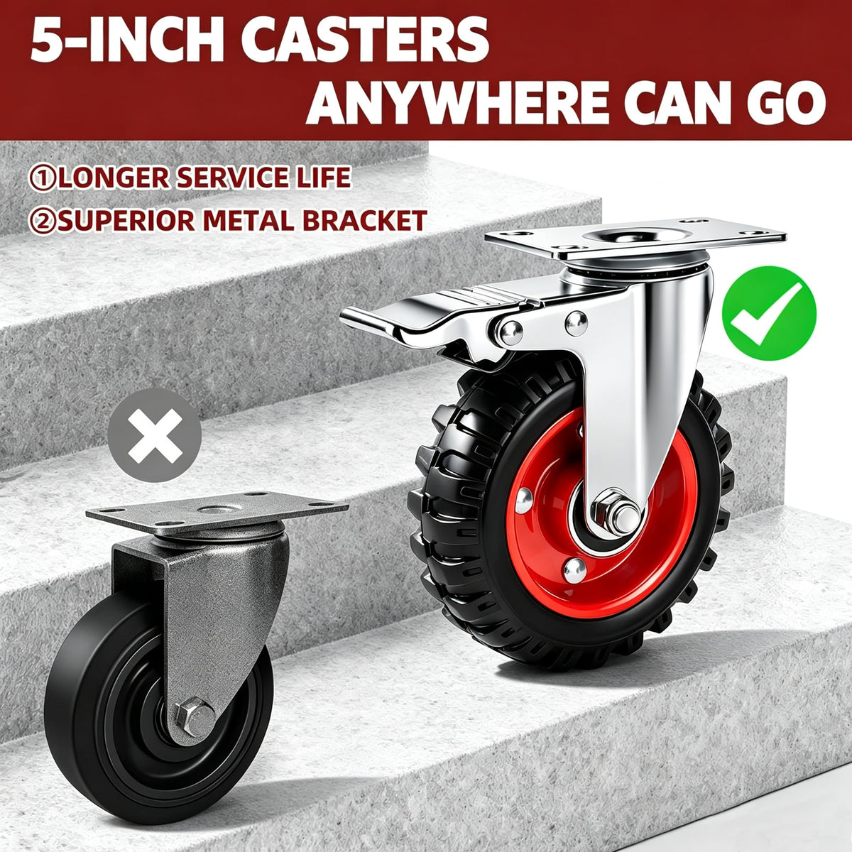5 Inch Heavy Duty Casters Set of 4 Dual Locking Rubber Swivel Plate K3646