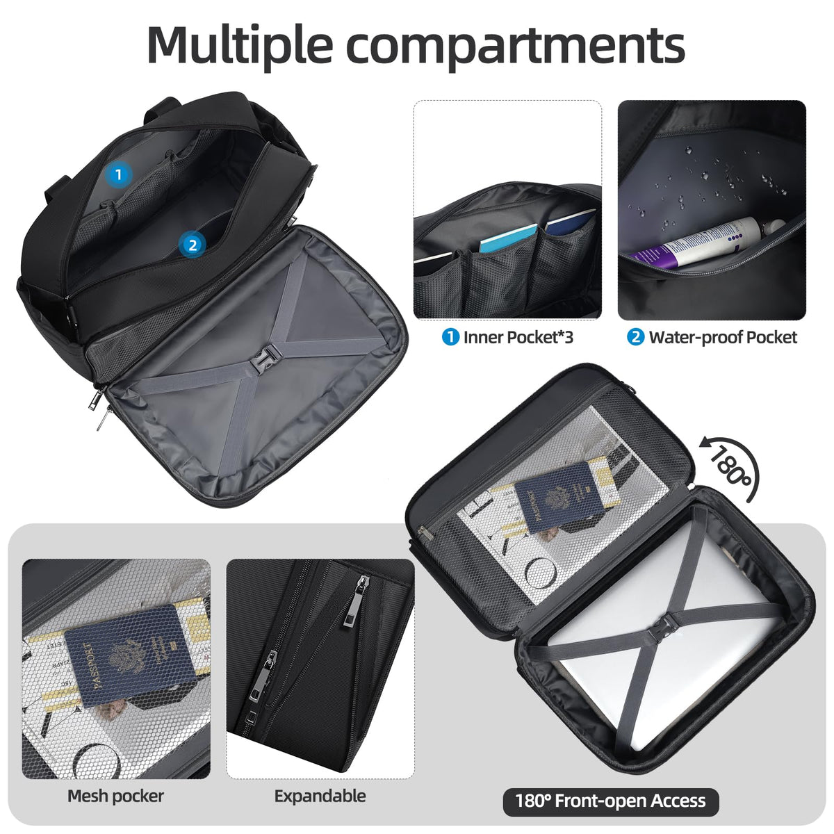 Black Expandable Carry-On Luggage Duffel Bag with Adjustable Strap K91296