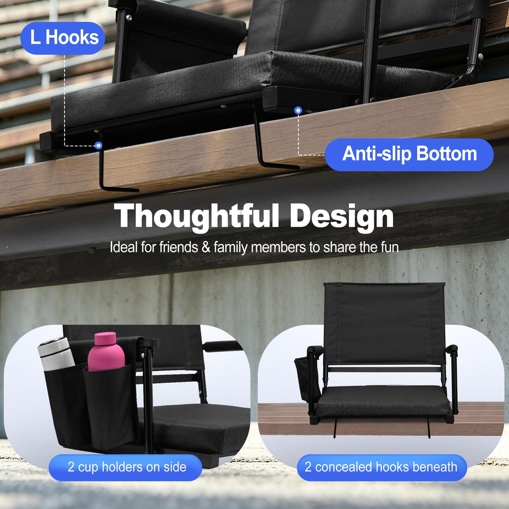 2 Packs Foldable Stadium Seats with Adjustable Backrest and Cup Holders Black T2583