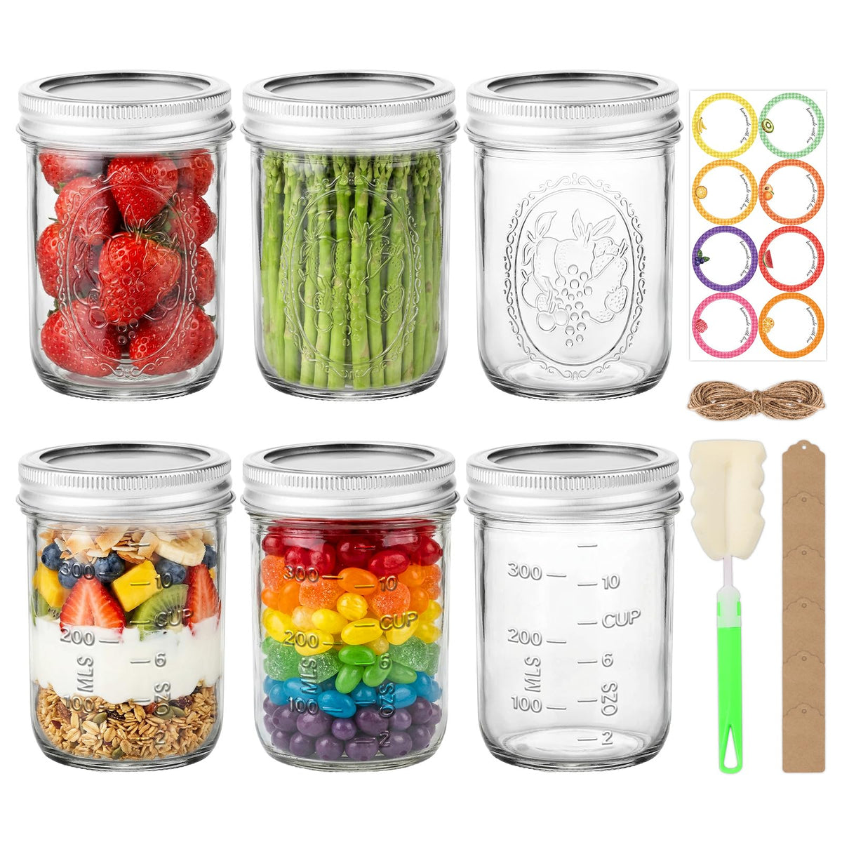 16 oz 6 Pack Wide Mouth Mason Jars with Airtight Lids P228836