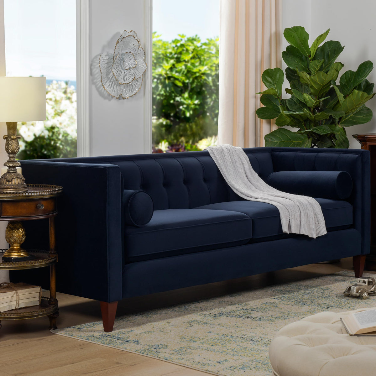 Dark Navy Blue Performance Velvet Tufted Sofa W178