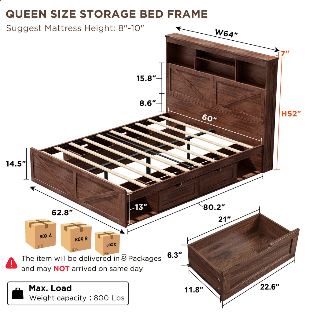 Queen Size Wood Bed Frame with Storage Headboard and 4 Drawers S790