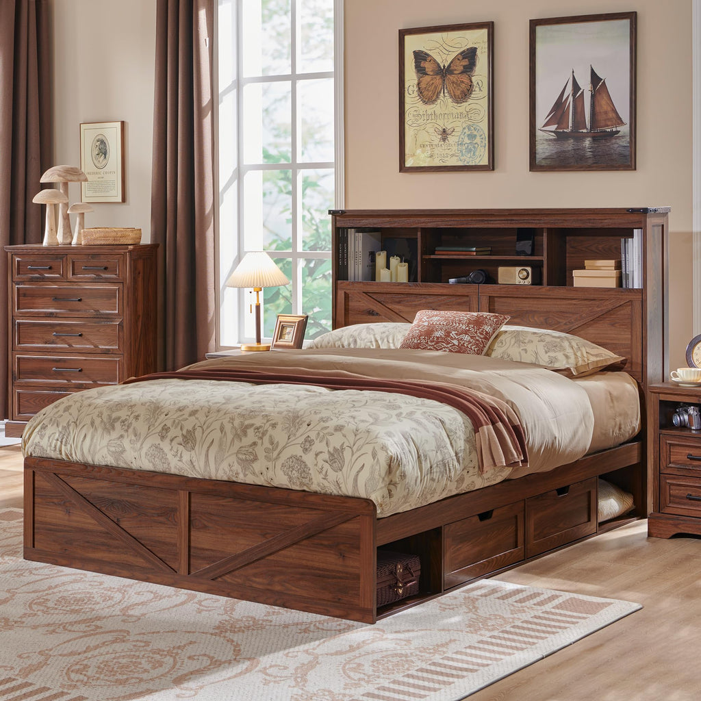Queen Size Wood Bed Frame with Storage Headboard and 4 Drawers S790