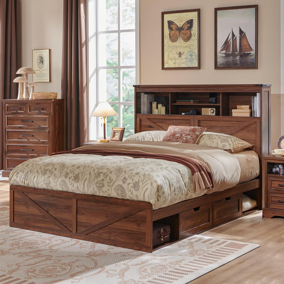Queen Size Wood Bed Frame with Storage Headboard and 4 Drawers S790