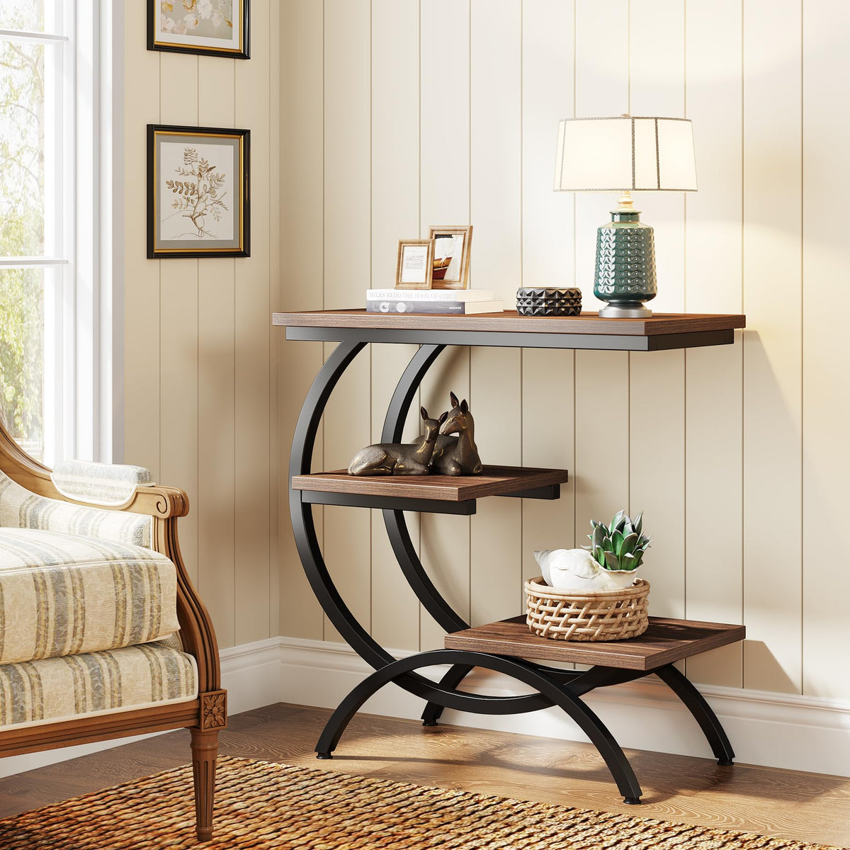 C-Shaped 3-Tier End Table with Curved Metal Frame L661