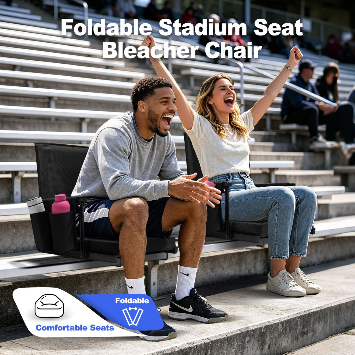 2 Packs Foldable Stadium Seats with Adjustable Backrest and Cup Holders Black T2583