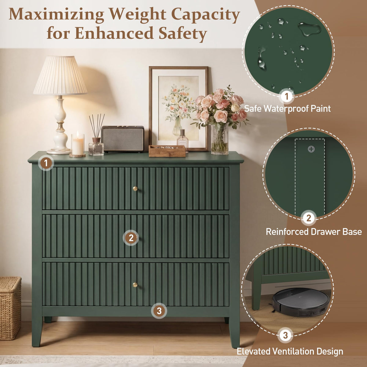 32" Dark Green 3 Drawer Nightstand Set of 2 N921