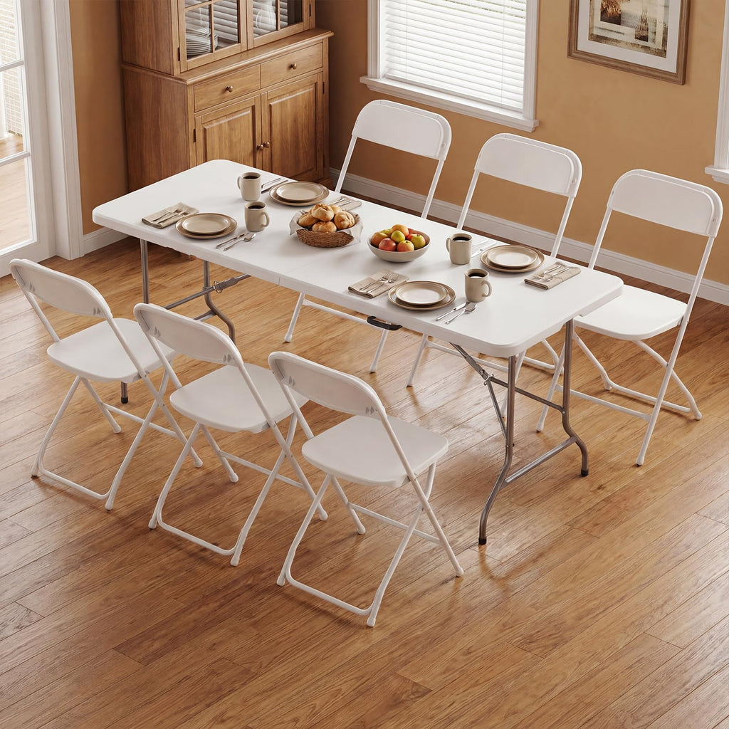 6 FT Folding Picnic Table with 6 Folding Chairs White V355