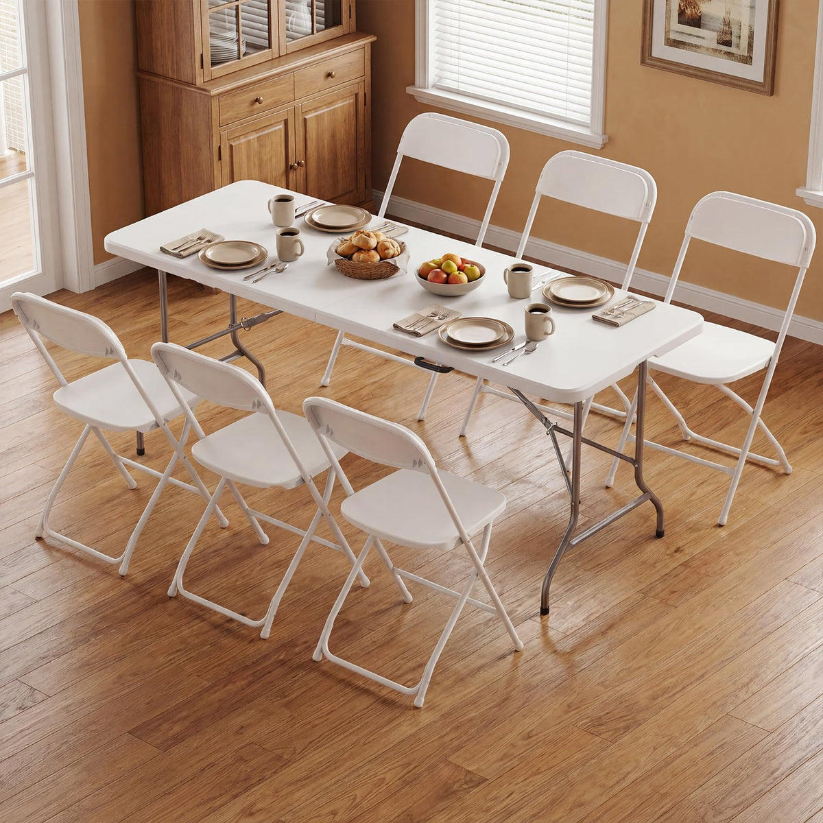 6 FT Folding Picnic Table with 6 Folding Chairs White V355