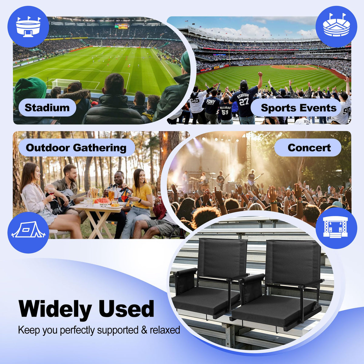 2 Packs Foldable Stadium Seats with Adjustable Backrest and Cup Holders Black T2583