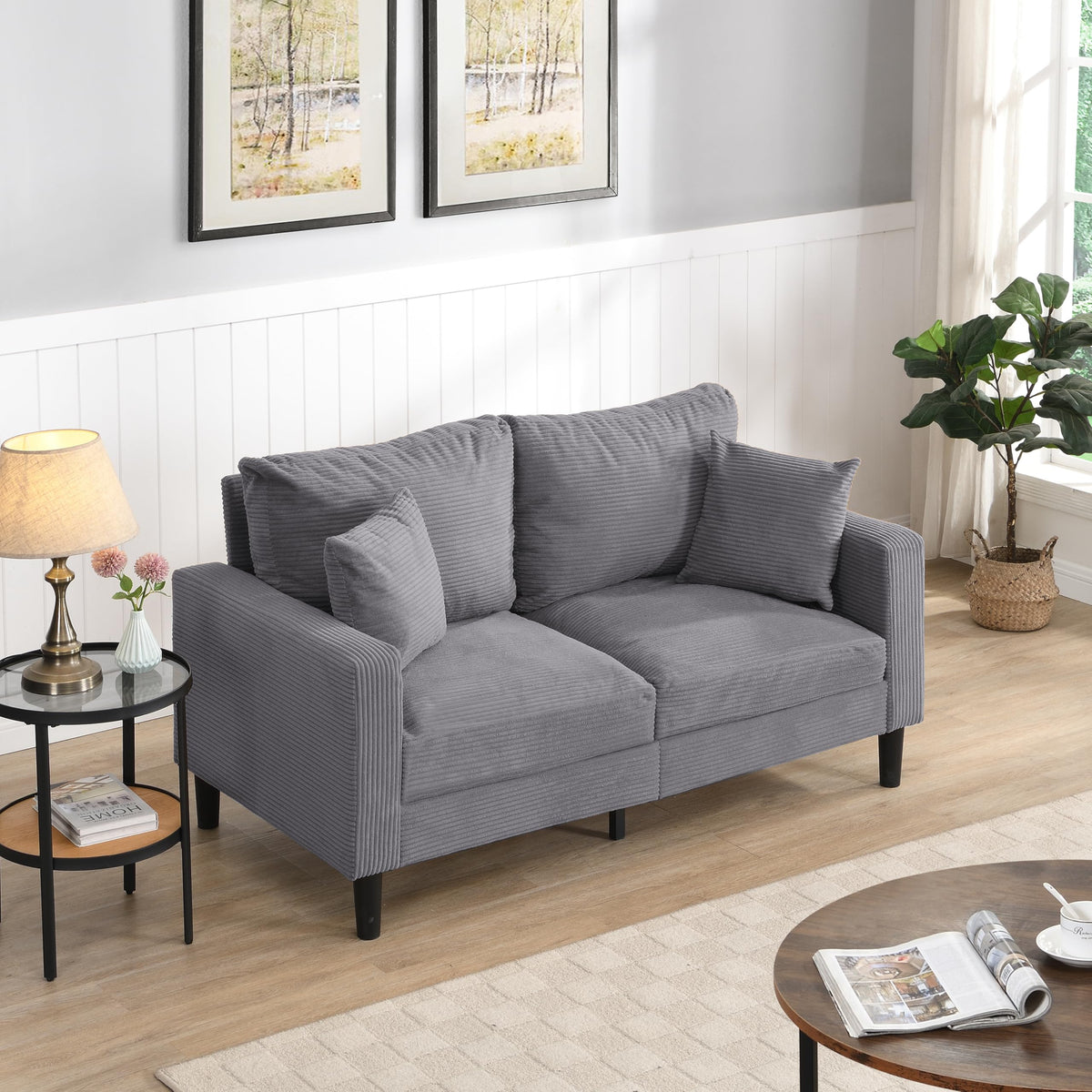 Oversized Corduroy Sofa with 2 Throw Pillows W383543