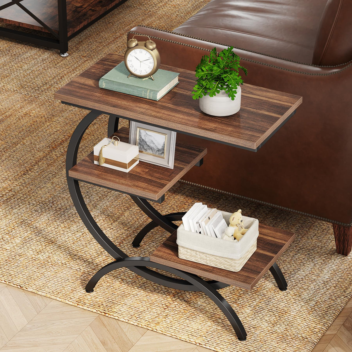 C-Shaped 3-Tier End Table with Curved Metal Frame L661