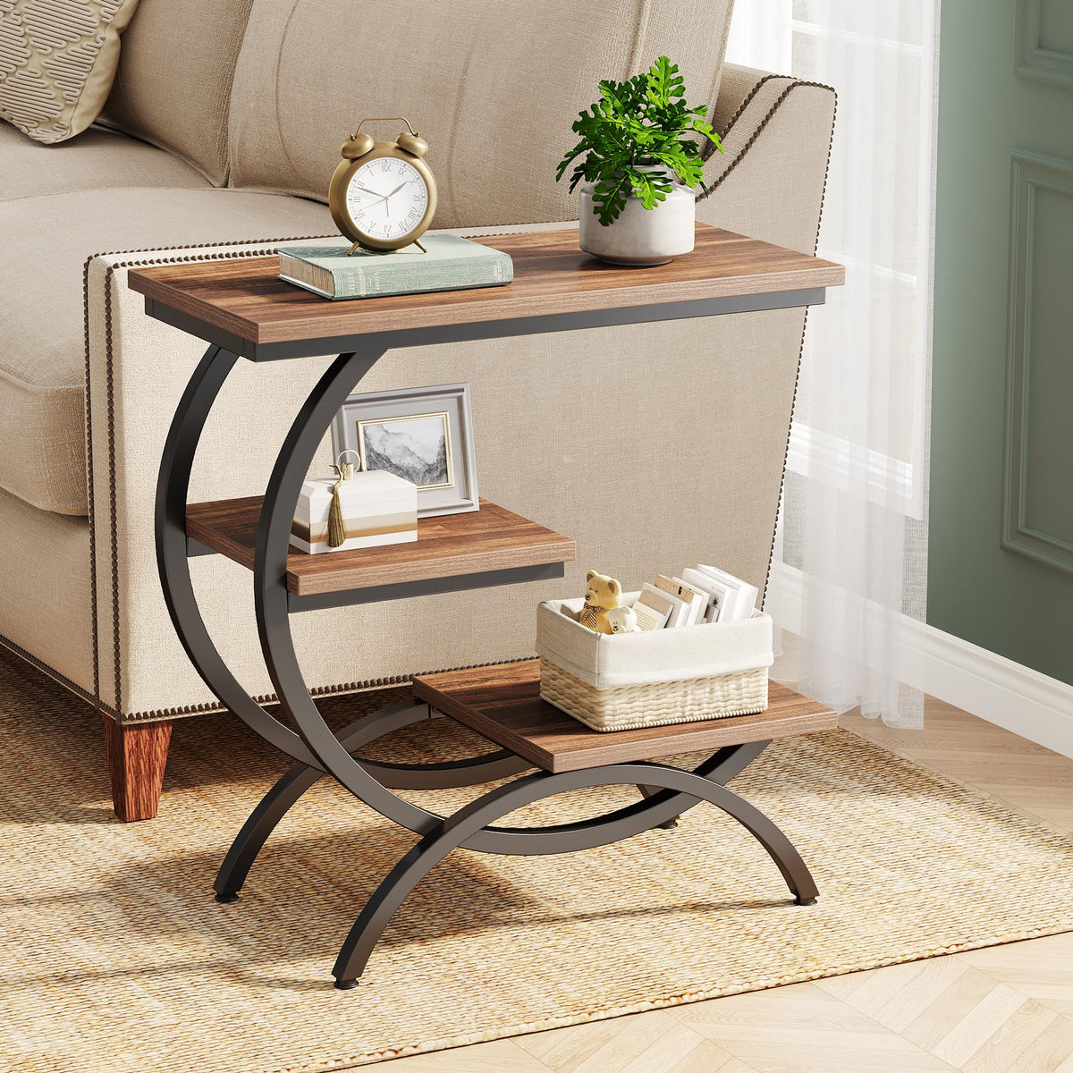 C-Shaped 3-Tier End Table with Curved Metal Frame L661
