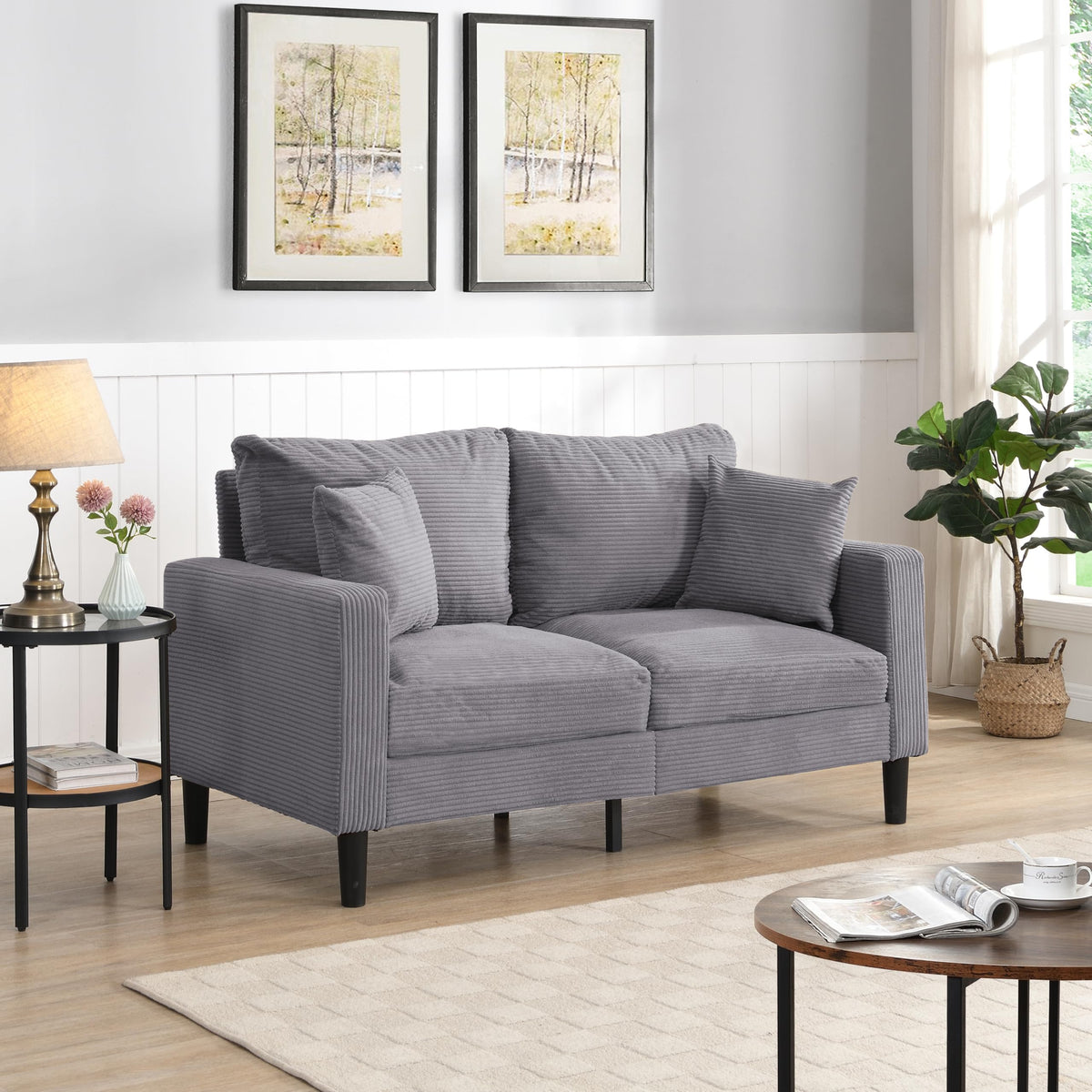 Oversized Corduroy Sofa with 2 Throw Pillows W383543