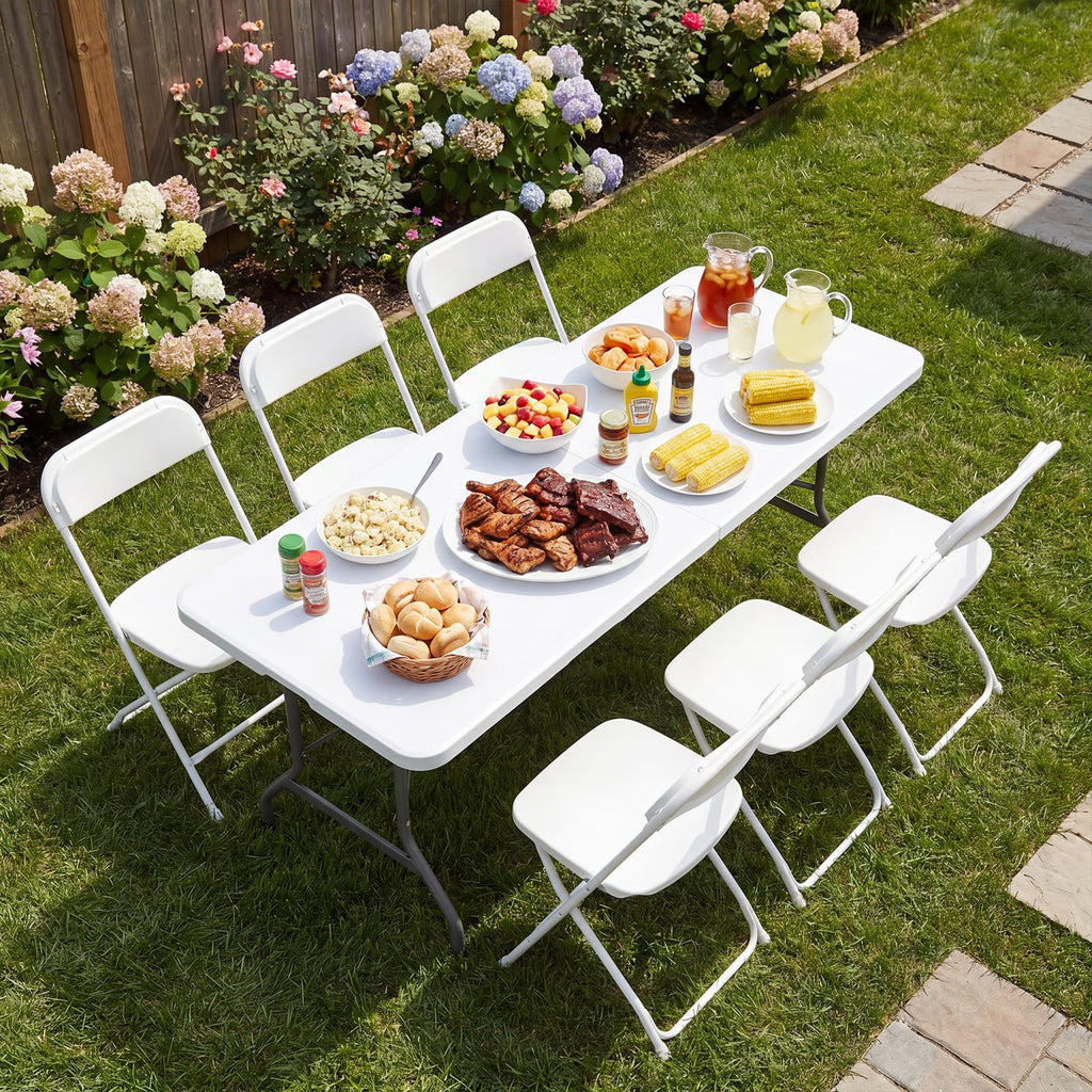 6 FT Folding Picnic Table with 6 Folding Chairs White V355