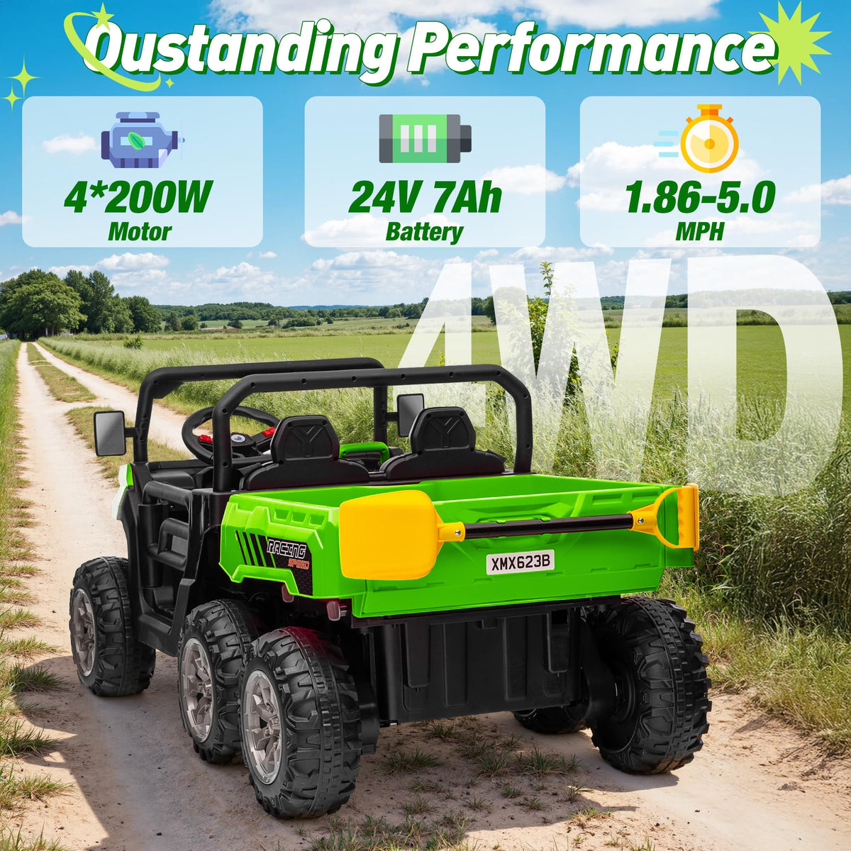 24V 2 Seater 4WD 6-Wheels Battery Powered Ride On Dump Truck V452