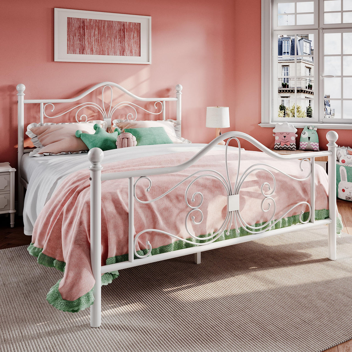 Full Size White Metal Bed Frame with Headboard Z637